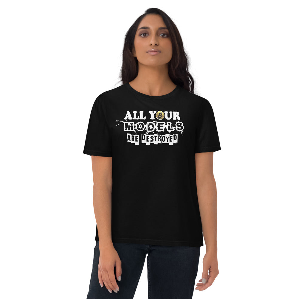 bitcoin t-shirt all your models are destroyed - worn on female - black