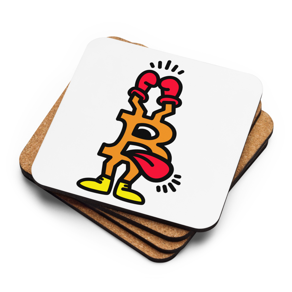 B – A Boxer Bitcoin coaster by BitPopArt – stacked with cork back