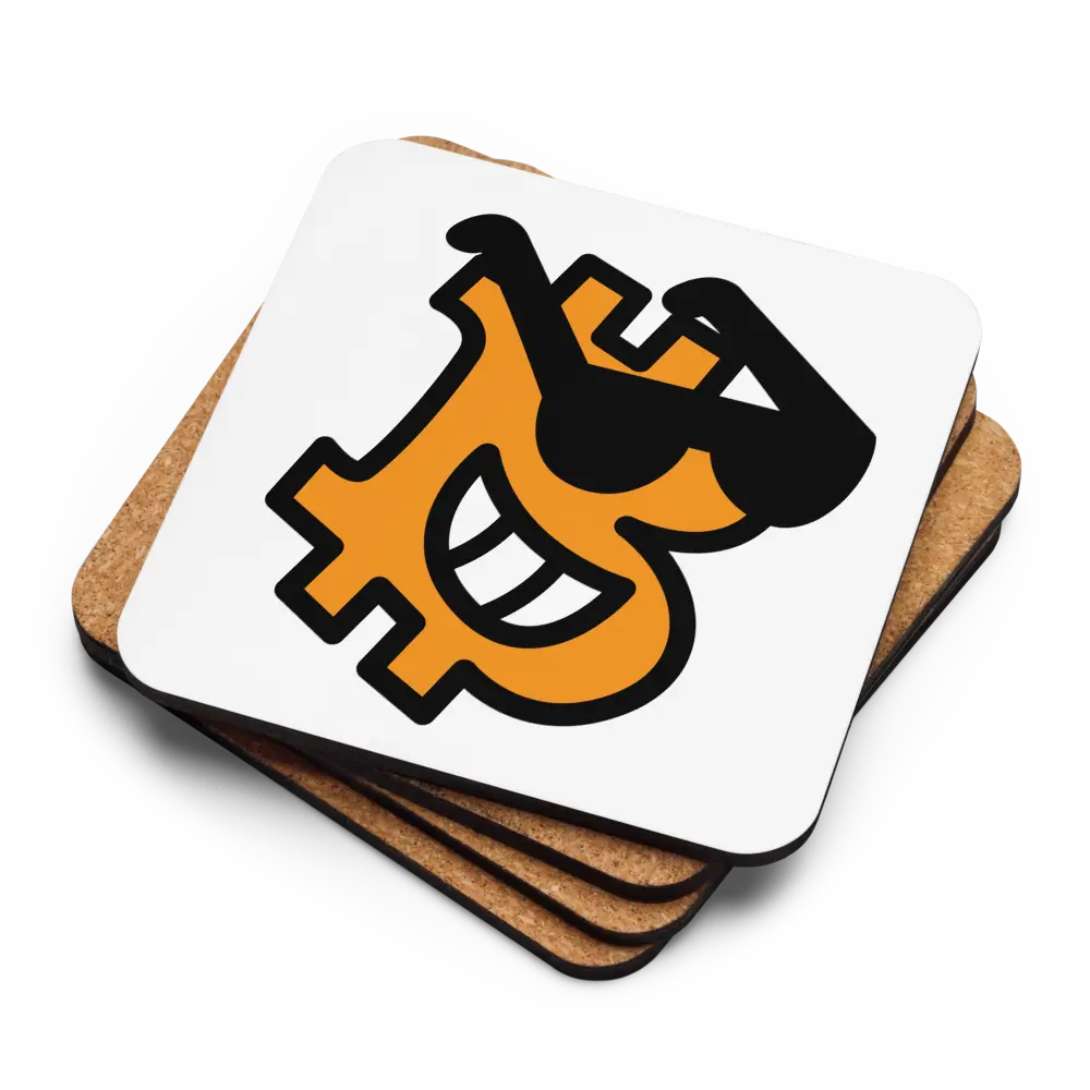 Stack of cork backs and face up B Cool Bitcoin coaster by BitPopArt