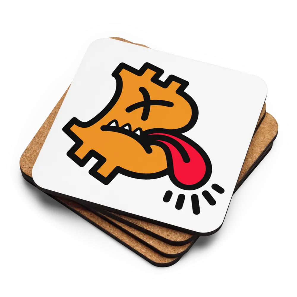 Stack of cork backs and face up B Cranky Bitcoin coaster by BitPopArt