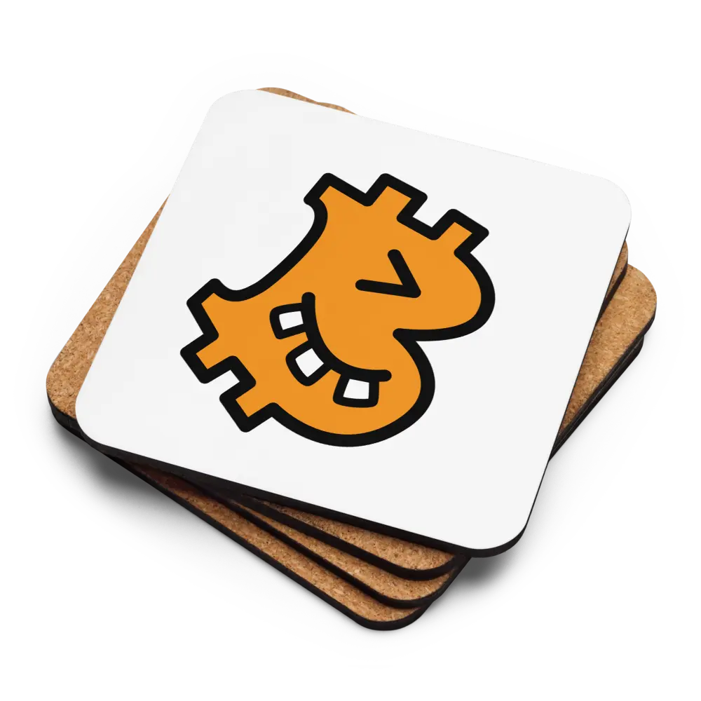 Stack of cork backs and face up B Geeky Bitcoin coaster by BitPopArt
