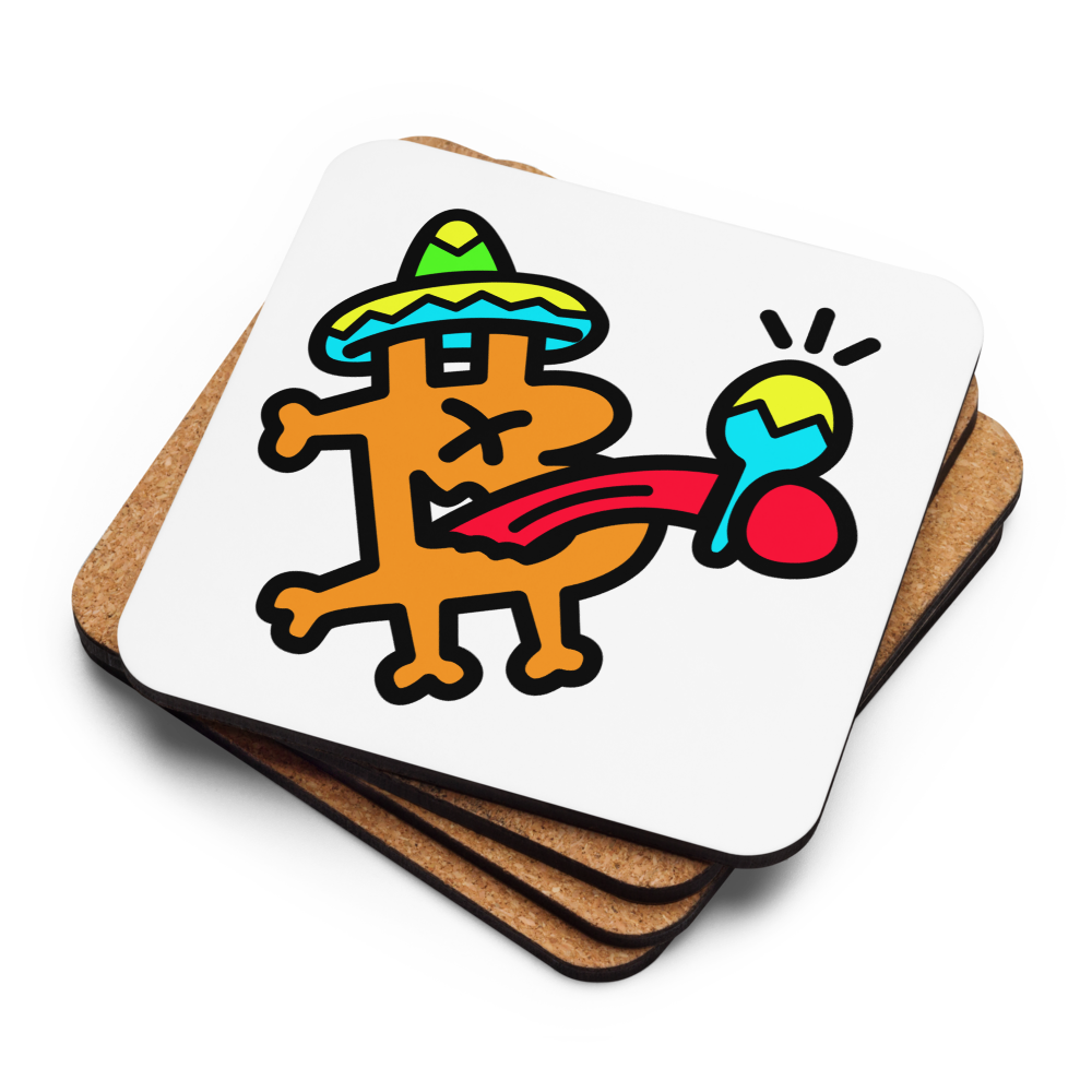 Stack of cork backs and face up B Mexican Bitcoin coaster by BitPopArt