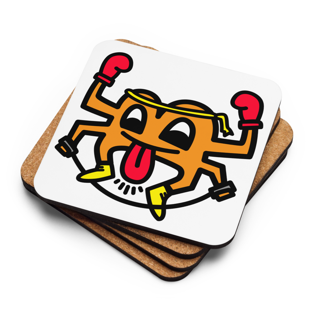 Stack of cork backs and face up B Muay Thai Bitcoin coaster by BitPopArt