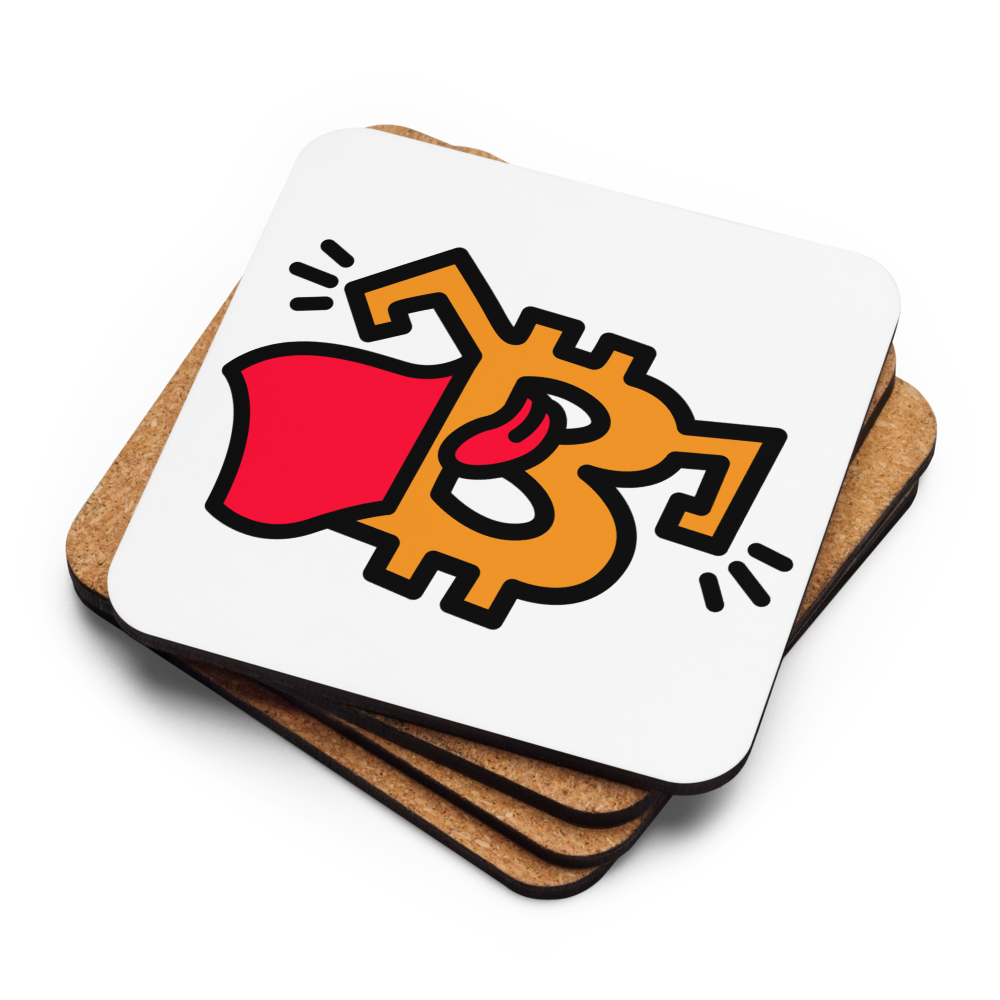 Stack of cork backs and face up B Superman Bitcoin coaster by BitPopArt