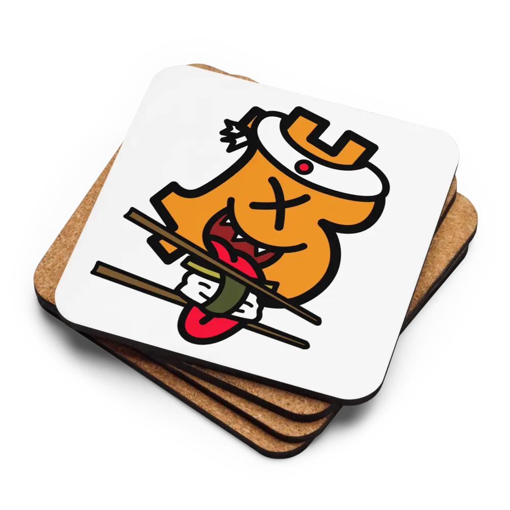 Stack of cork backs and face up B Sushi Bitcoin coaster by BitPopArt