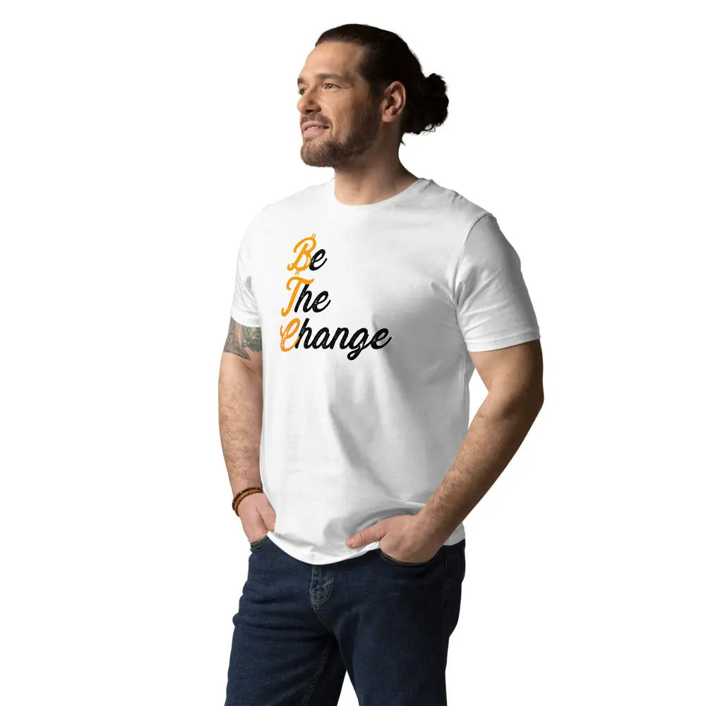 Bitcoin T-Shirt – Be The Change - worn on male model — white