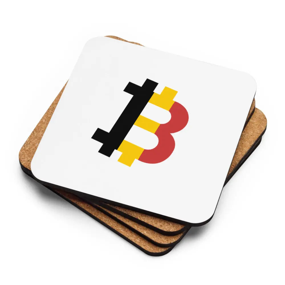 Stack of Belgian Bitcoin Flag coasters showing cork backing and printed surface