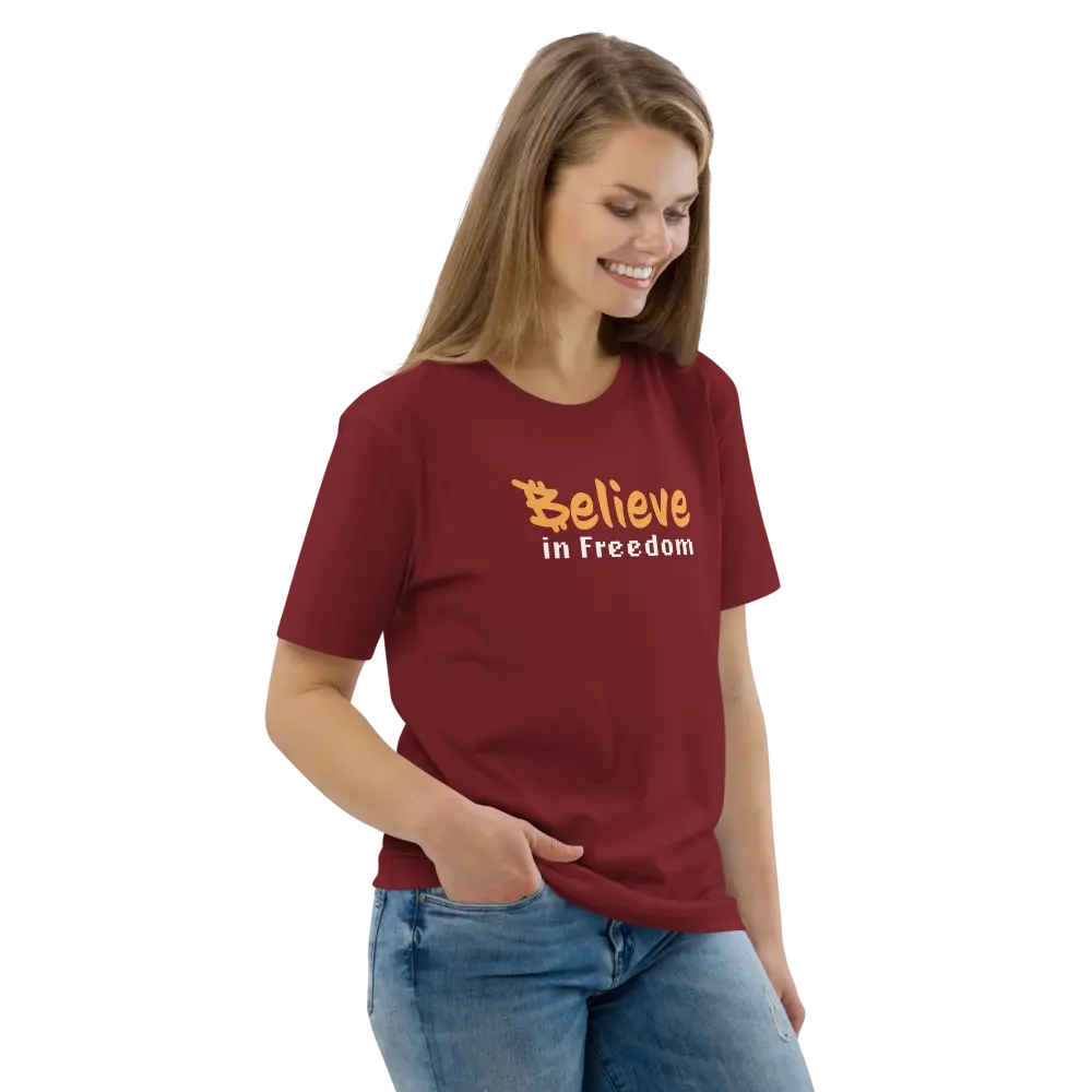 Bitcoin T-Shirt – Believe in Freedom - worn on female model - burgundy