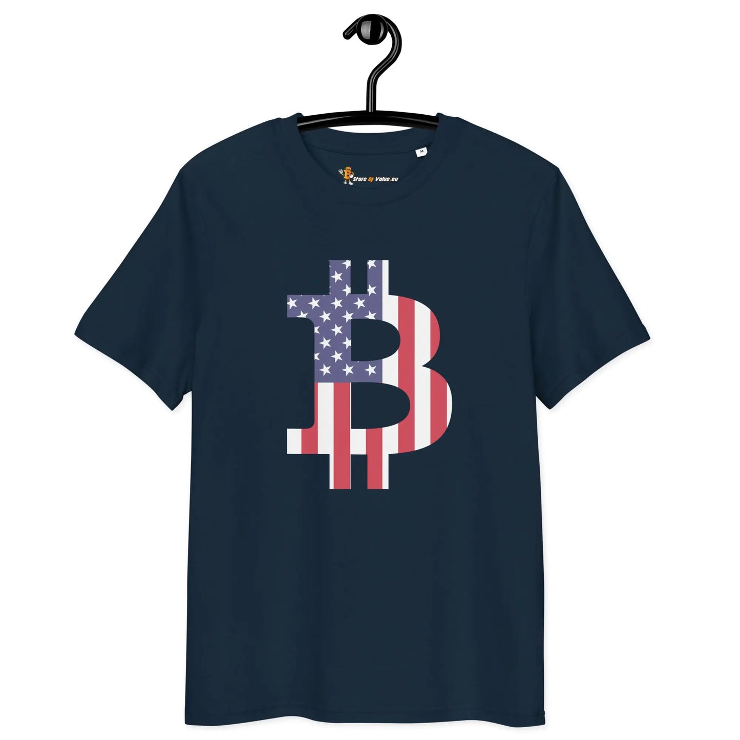 Bitcoin T-Shirt – American Bitcoin Flag - on hanger - navy blue