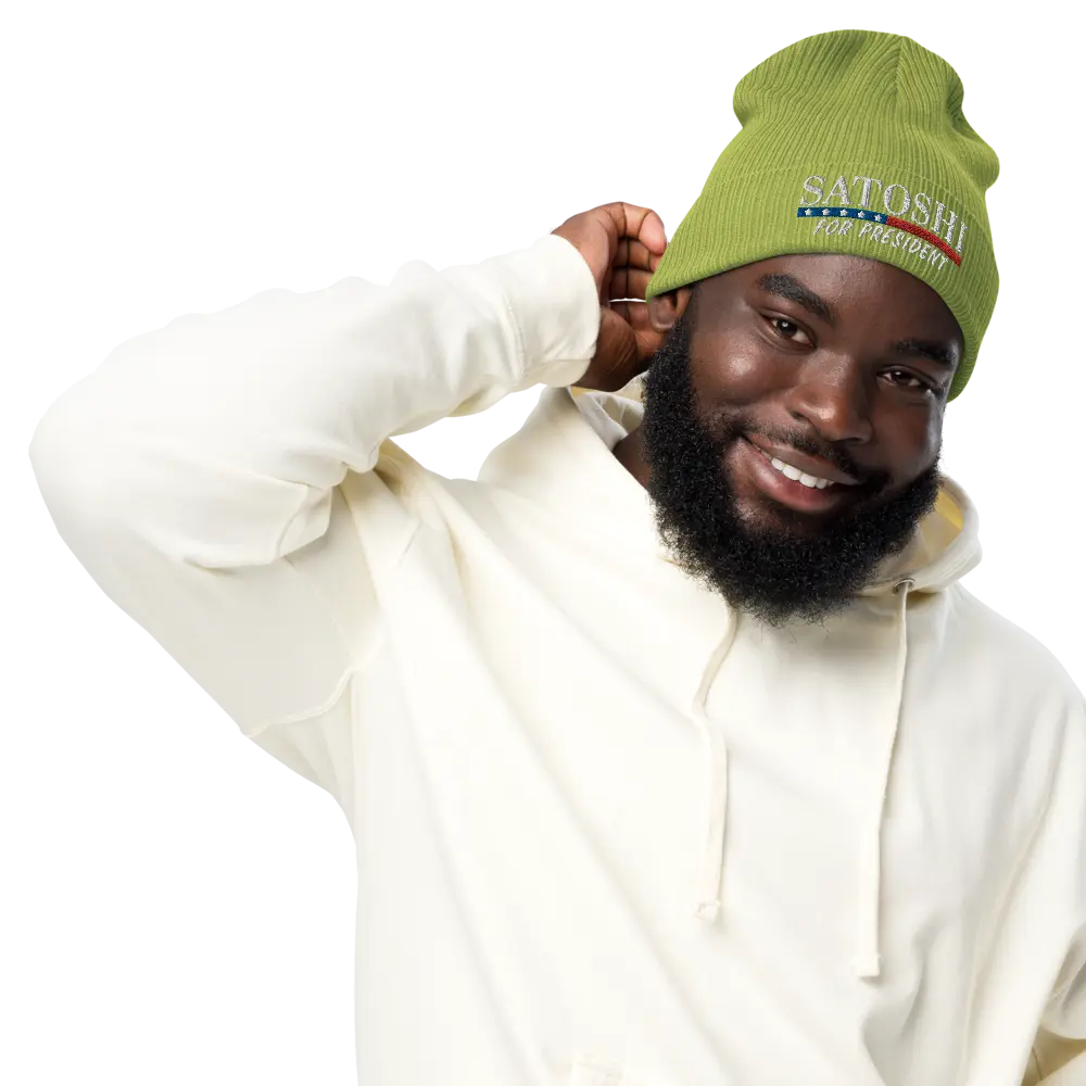 bitcoin beanie - satoshi for president - front view - green