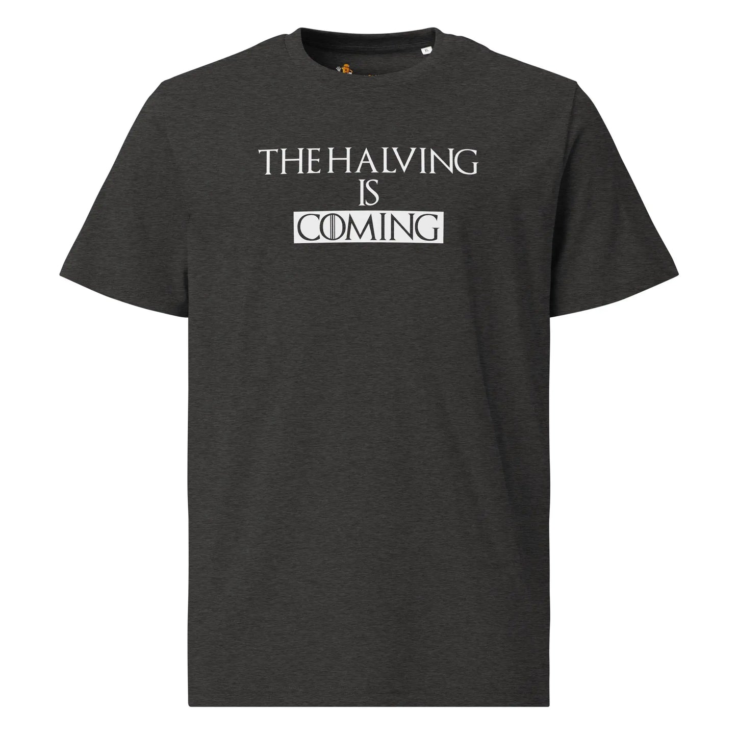 Bitcoin T-Shirt – The Halving Is Coming - on hanger - grey