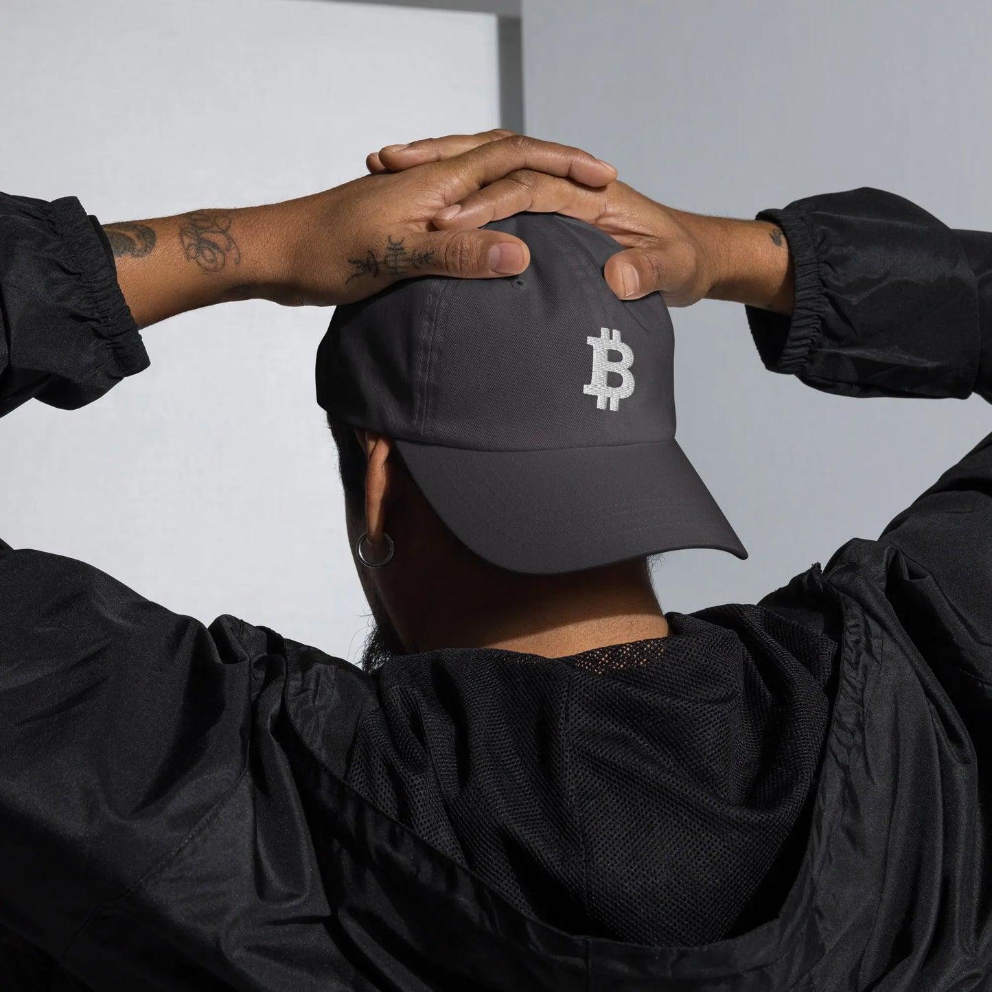 bitcoin hat - angled bitcoin symbol - white embroidery - male model - grey