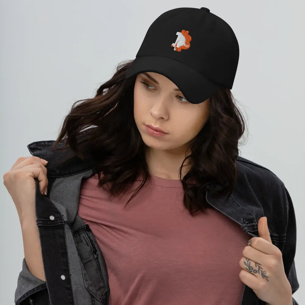 bitcoin hat - bitcoin bull design - front embroidery female model - black