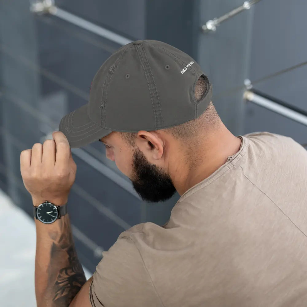 bitcoin hat - distressed strap closure - back view on male model - grey