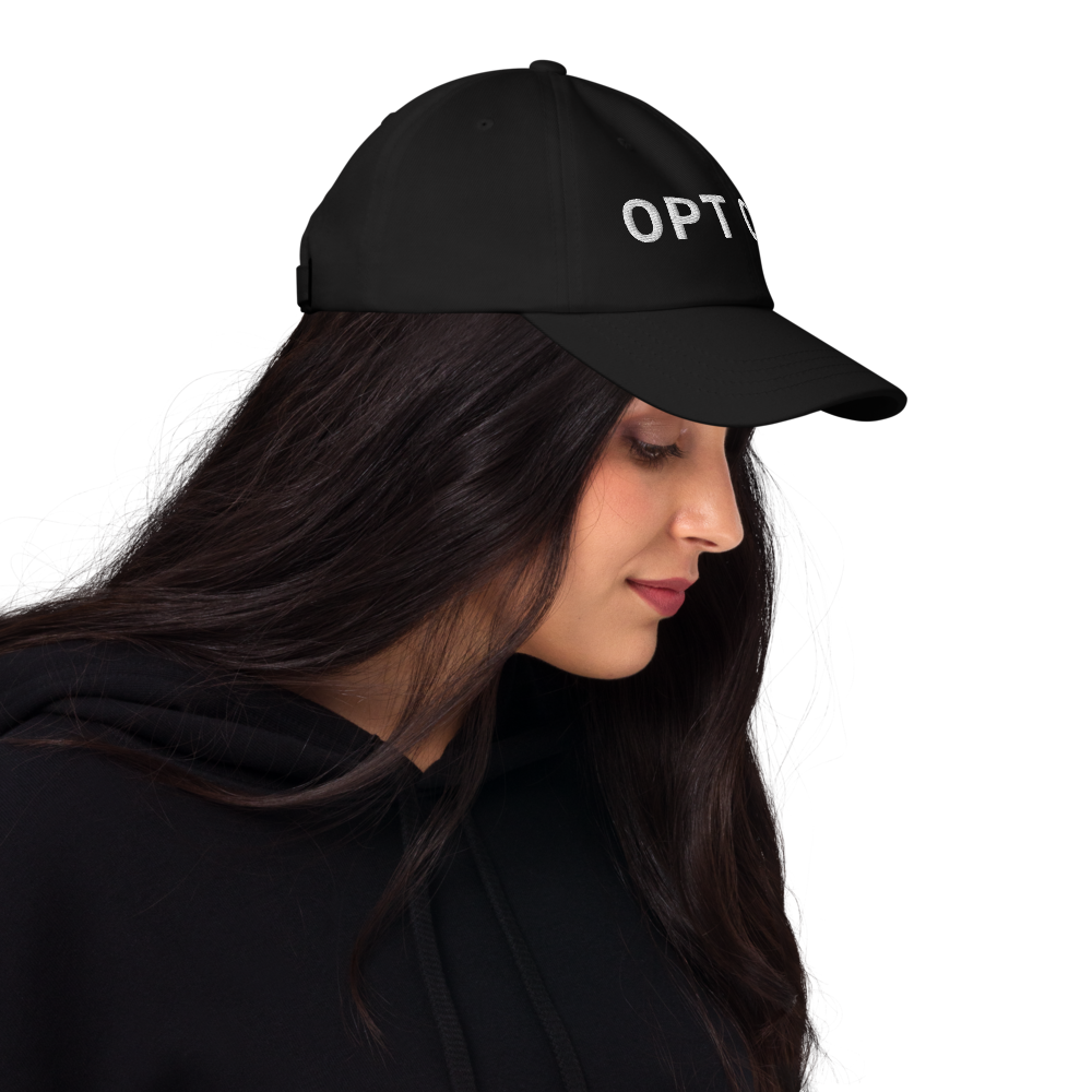 bitcoin hat - opt out - worn on female model - side view - black