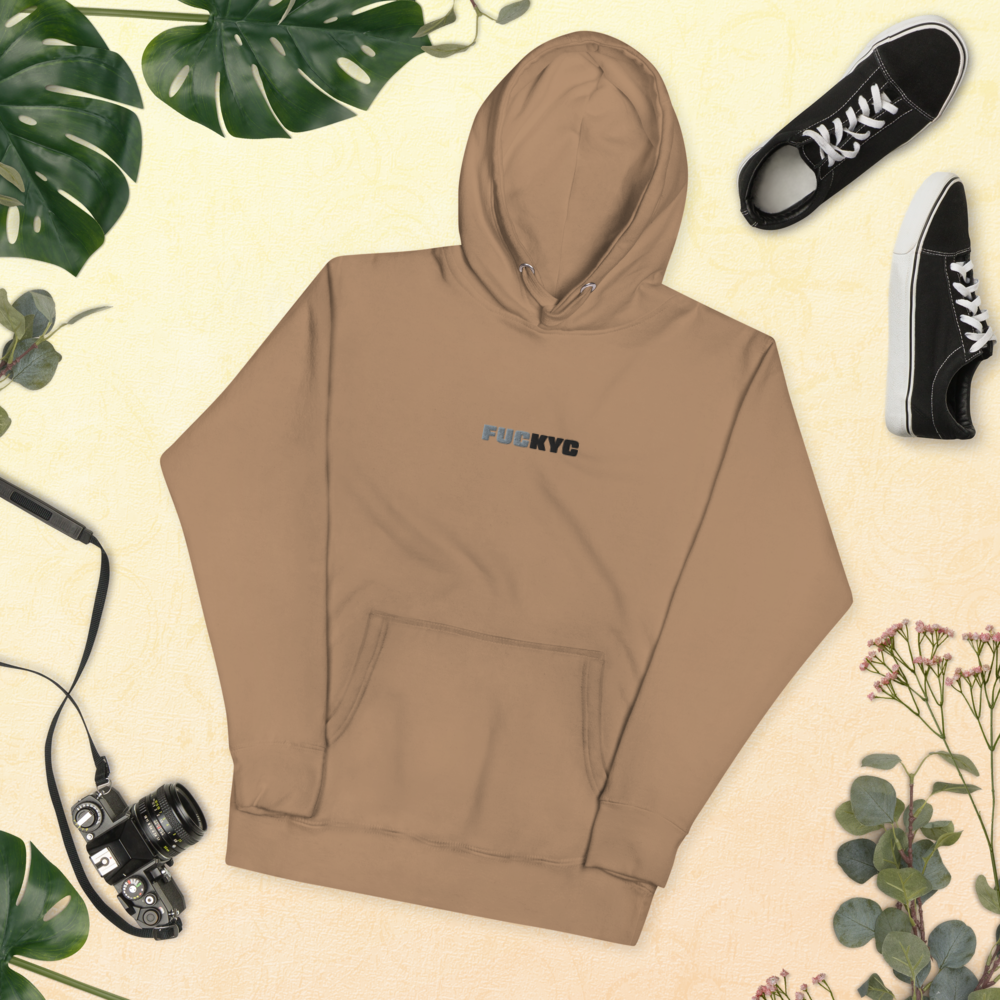 bitcoin hoodie - fuckyc - flat lay view - latte