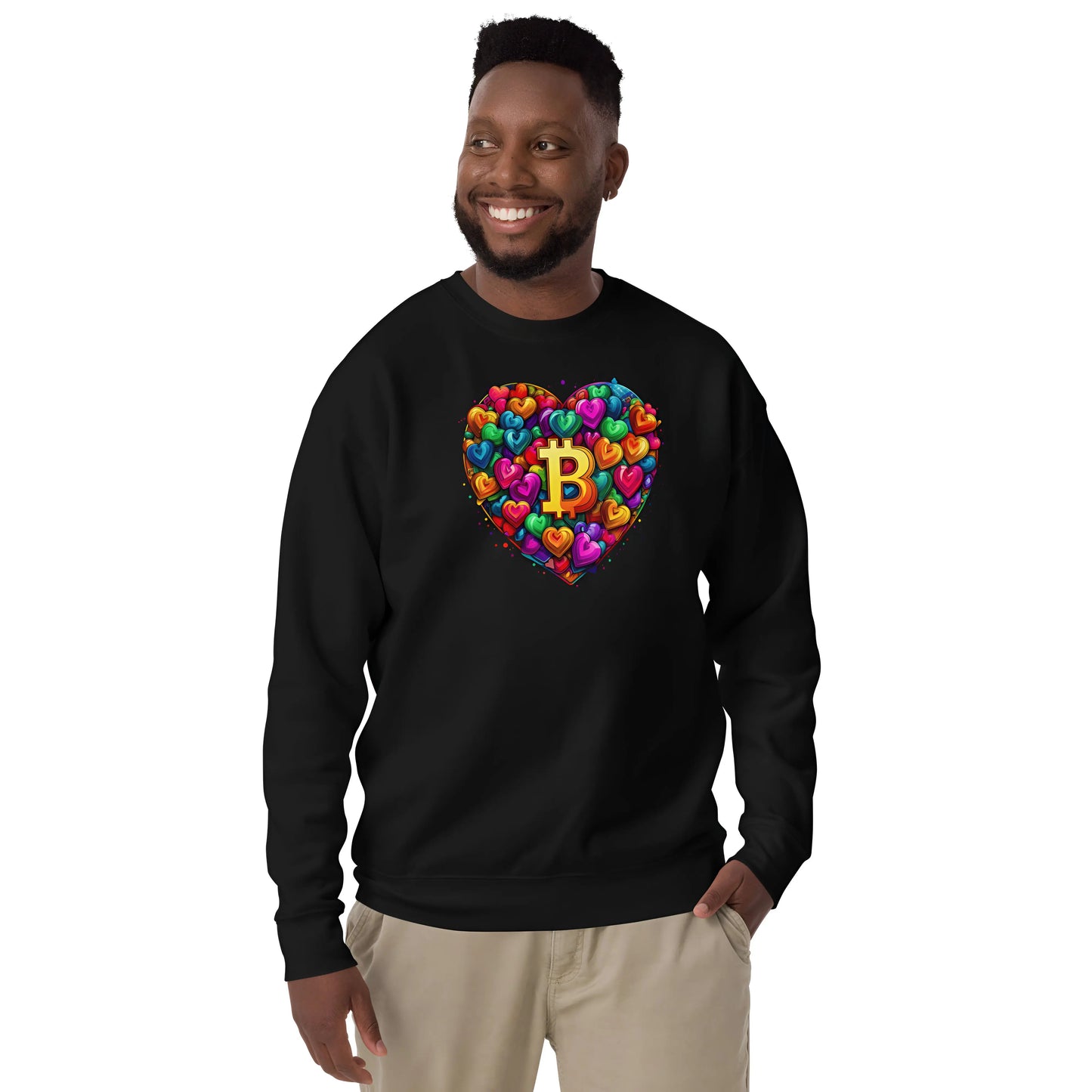 bitcoin sweatshirt - bitcoin is love - worn by male - black color