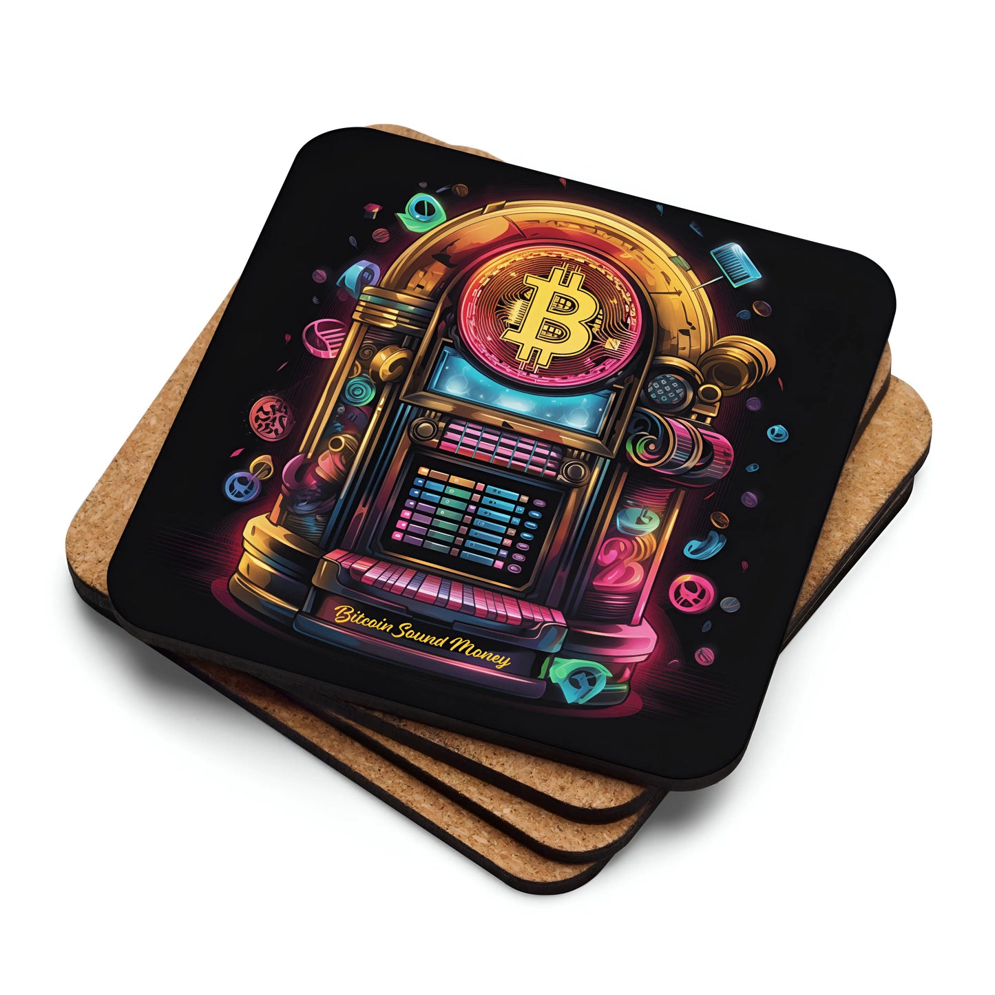 Bitcoin Juke Box Sound Money Bitcoin coaster stacked with cork backing