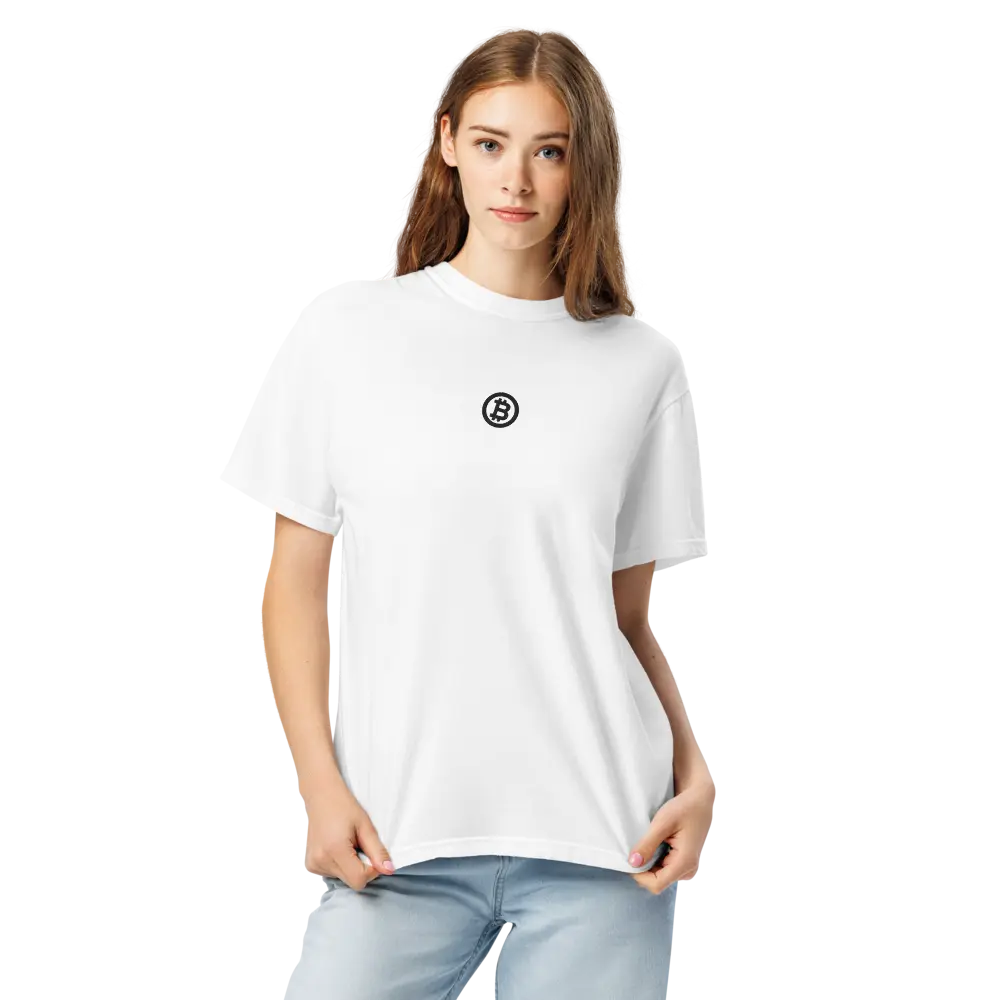 Bitcoin T-Shirt – Bitcoin Logo - worn on female model - white shirt