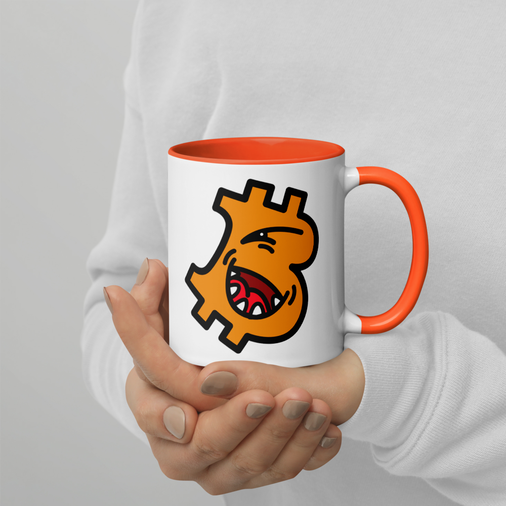 bitcoin mug - b cheeky design - hold on hand - orange handle