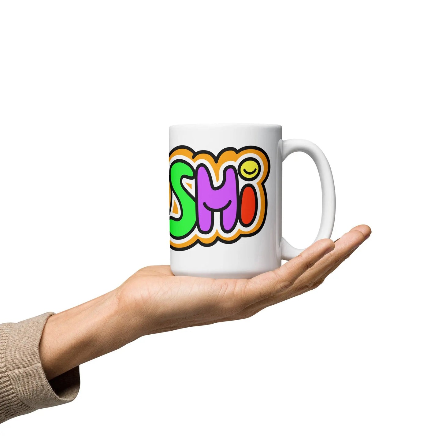 bitcoin mug - colorful satoshi - hold on hand - 443ml