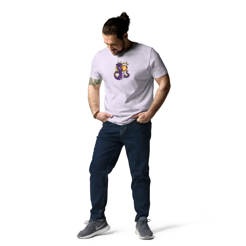Bitcoin T-Shirt – Bitcoin NOSTR Dragon - worn on model - male - standing - pink