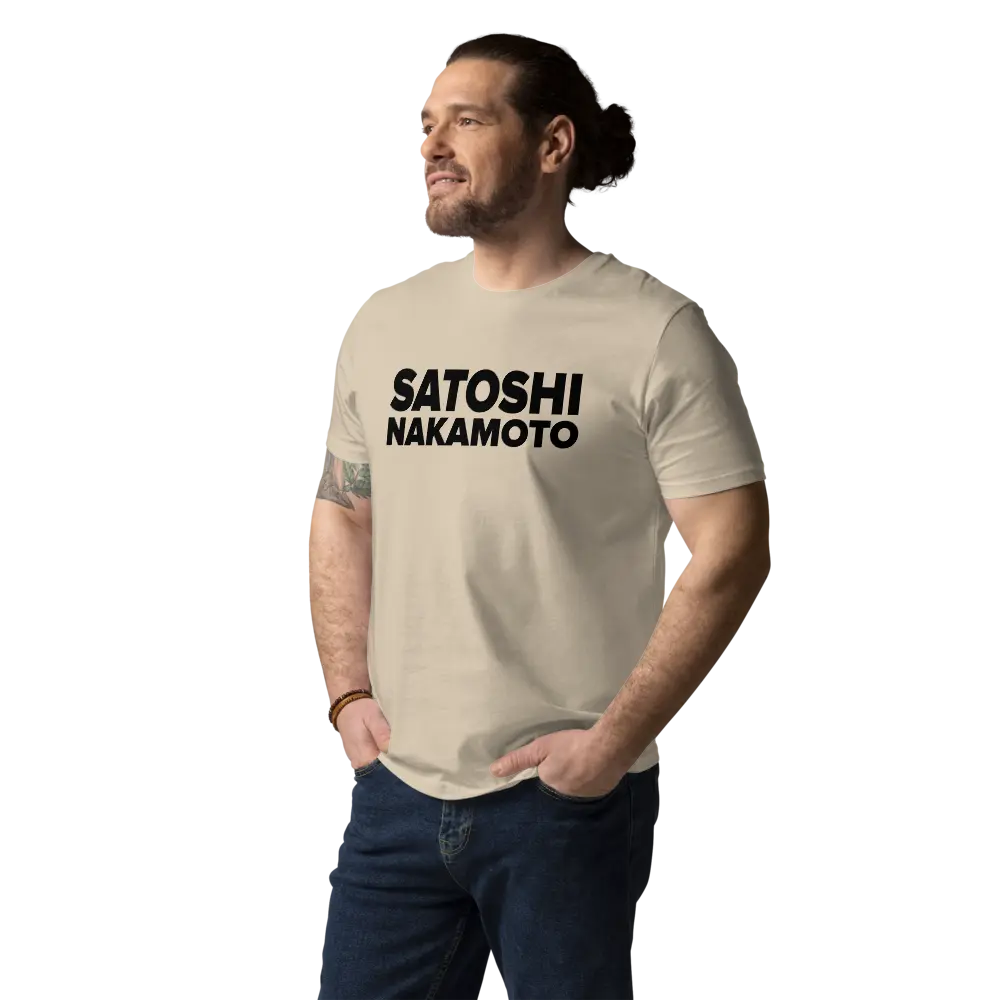 Bitcoin T-Shirt – Satoshi Nakamoto - worn on model - male - beige