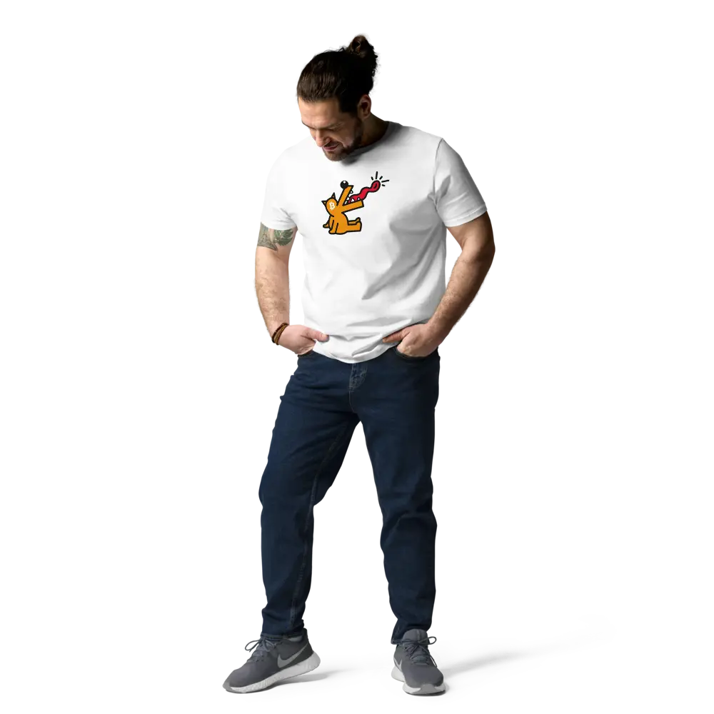 Bitcoin T-Shirt – Woof - worn on standing male model - front view - white