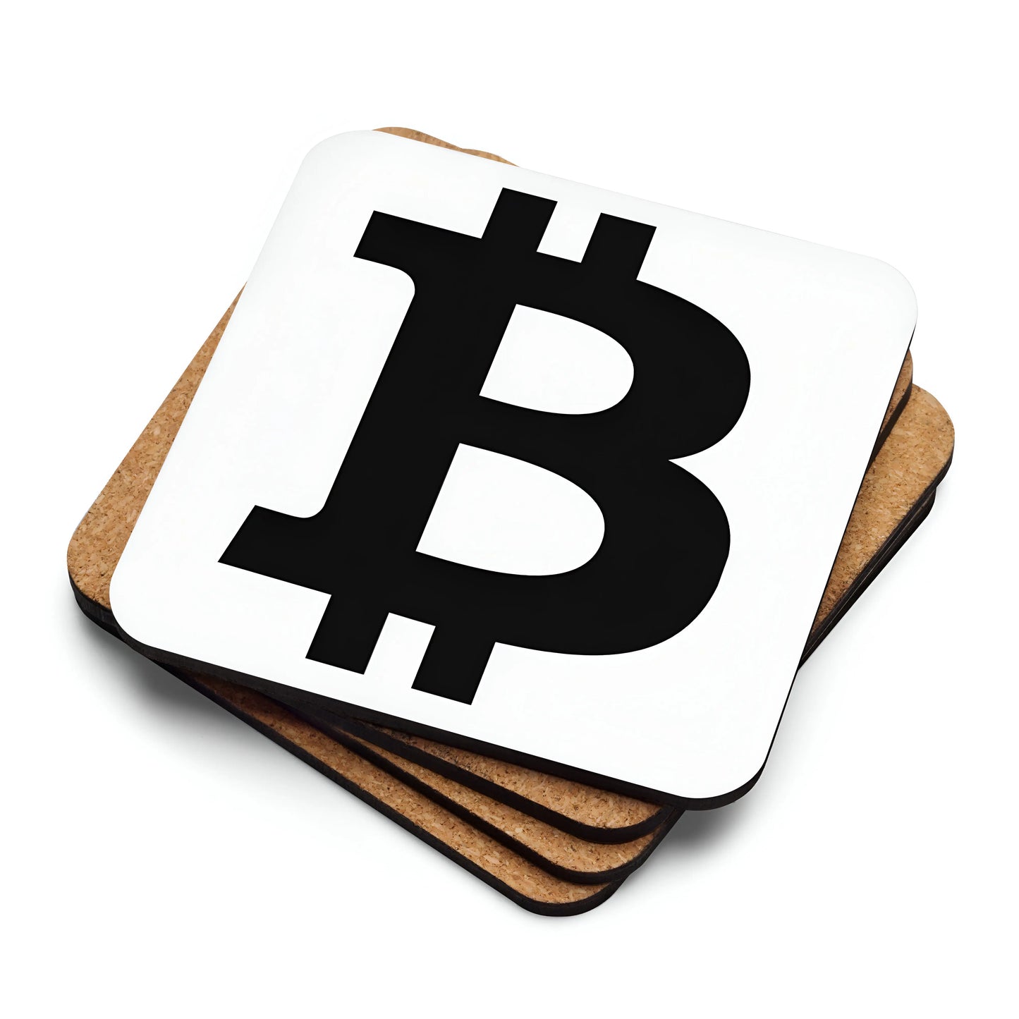 Black Bitcoin Symbol Bitcoin coaster stacked with cork backing