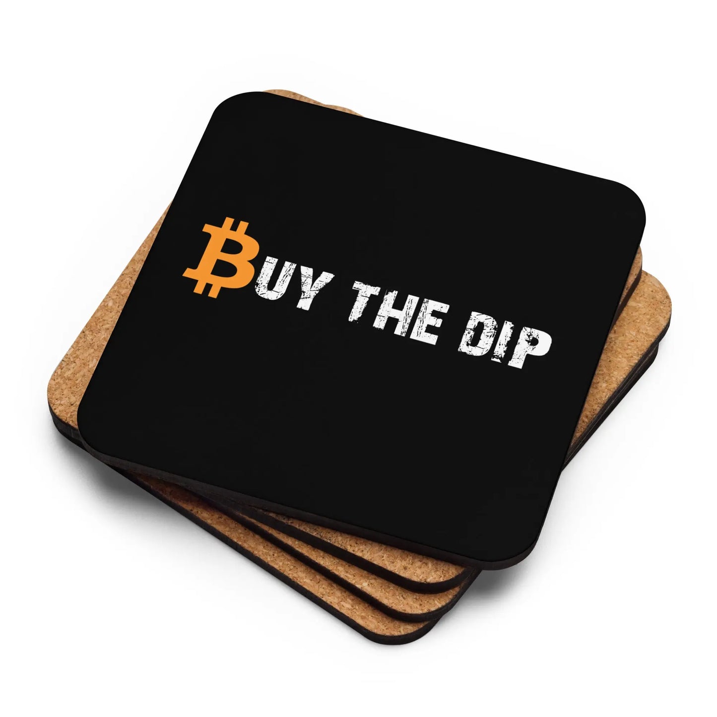 Stack of Buy The Dip Bitcoin coasters showing cork backing