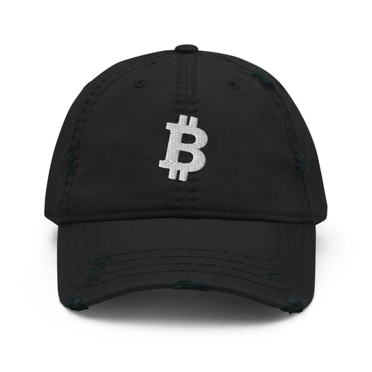 White Angled Bitcoin Embroidered Distressed Dad Hat Black 
