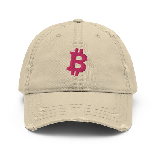 Flamingo Angled Bitcoin Embroidered Distressed Dad Hat Khaki