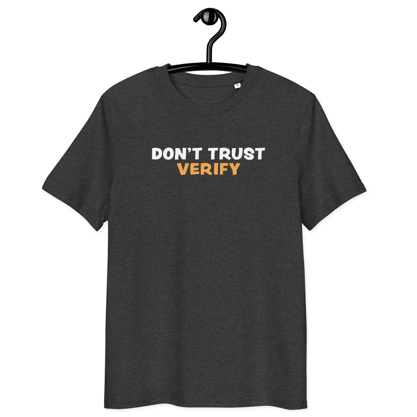 Bitcoin T-Shirt – Don’t Trust, Verify - on hanger - grey