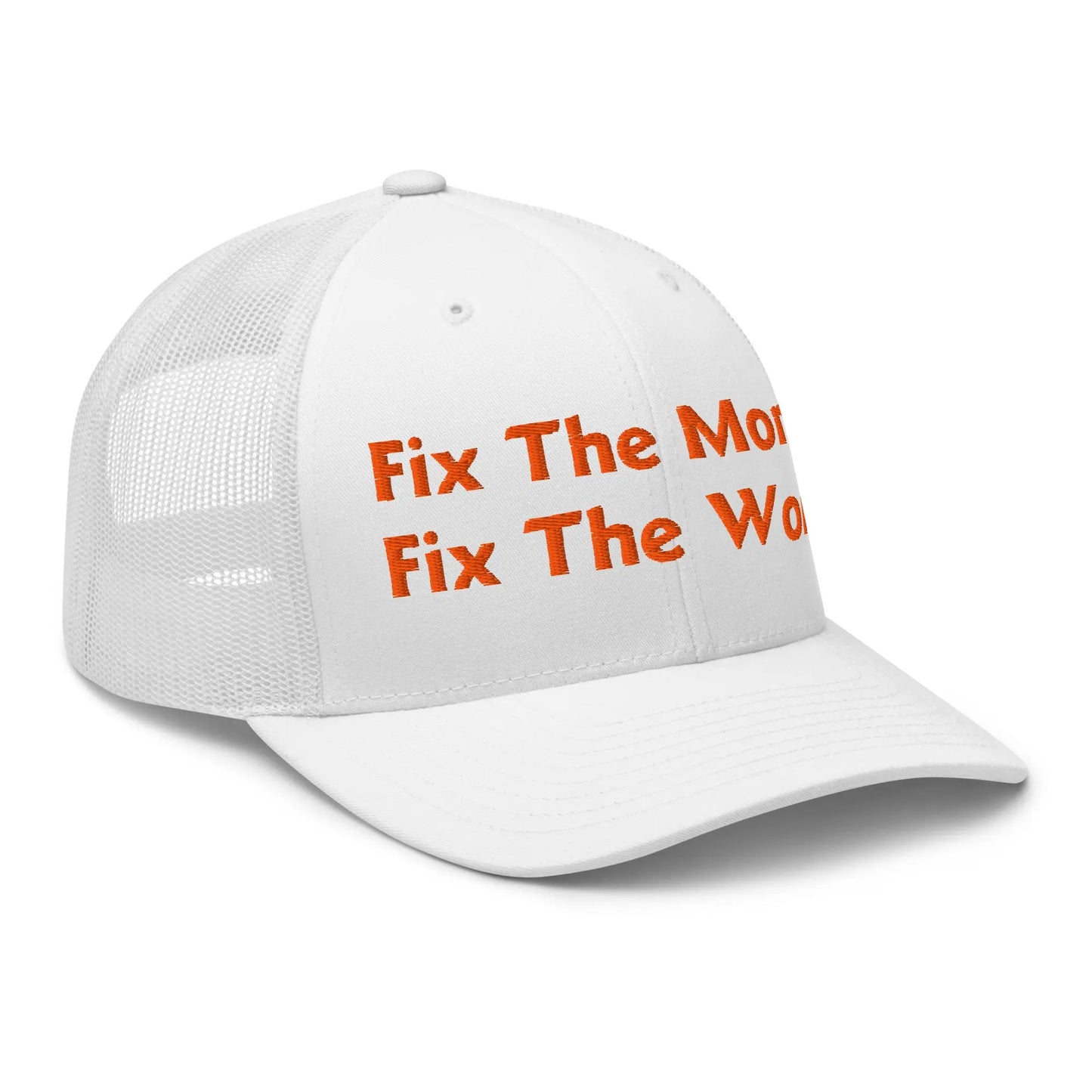 bitcoin trucker hat - fix the money fix the world - angled front view - white