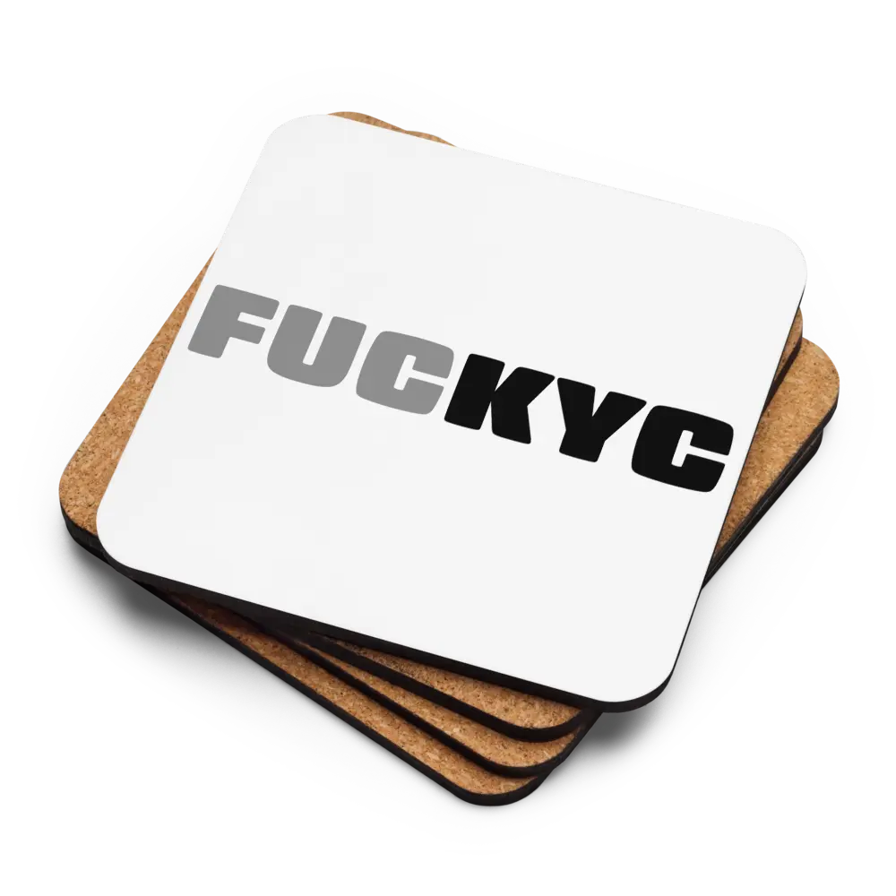 Stack of cork backs and face up FUCKYC Bitcoin coaster by BitPopArt