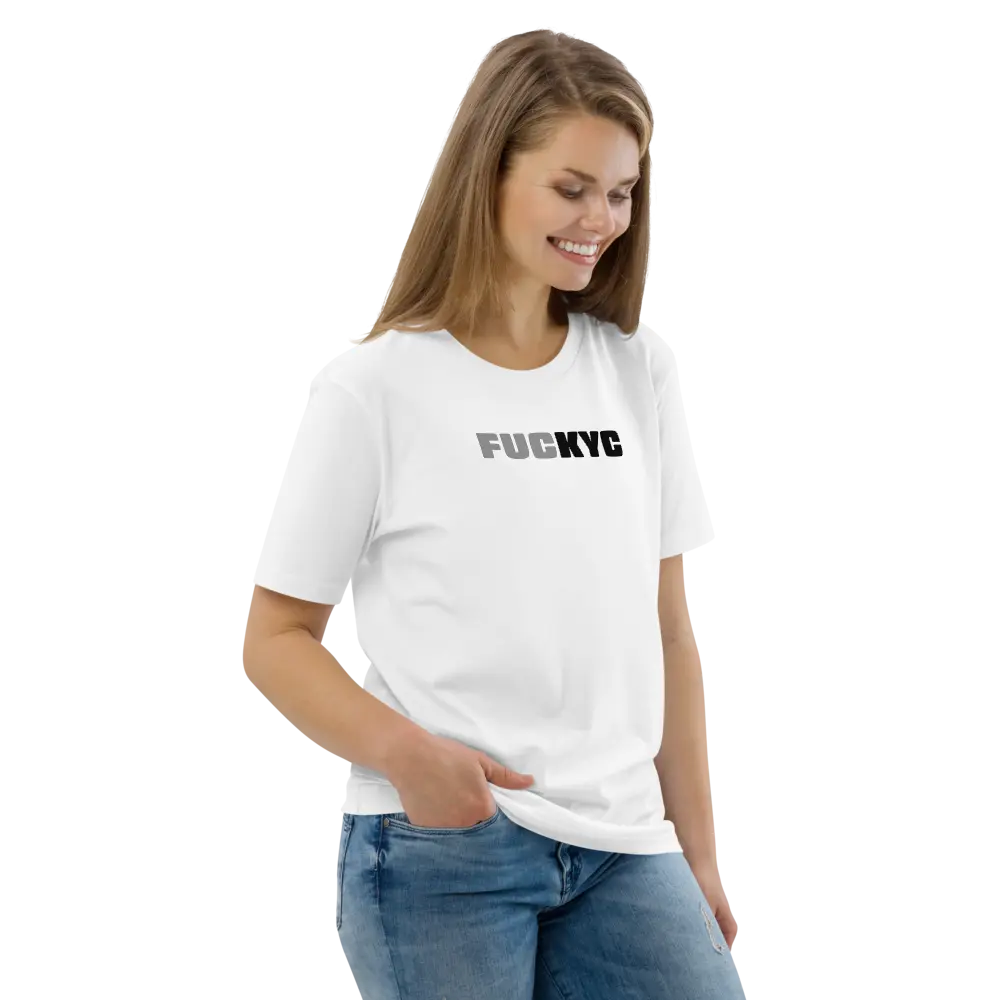 FUCKYC T-Shirt – By BitPopArt | Store of Value — worn on female model - white color - side
