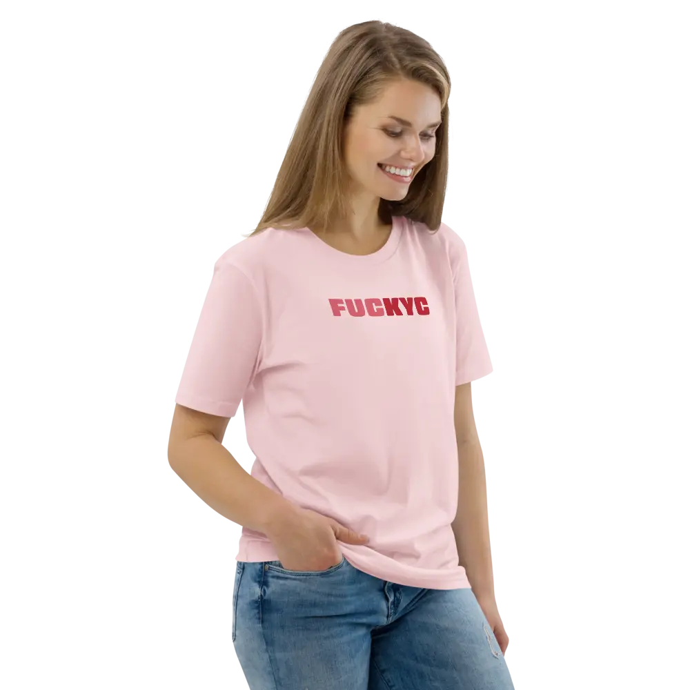FUCKYC T-Shirt – By BitPopArt - worn on female model - pink