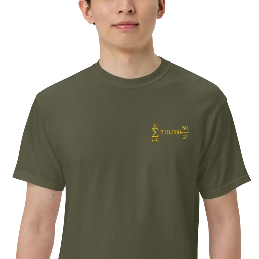 Bitcoin T-Shirt – Halving Cycle Formula - gold embroidery close-up - green