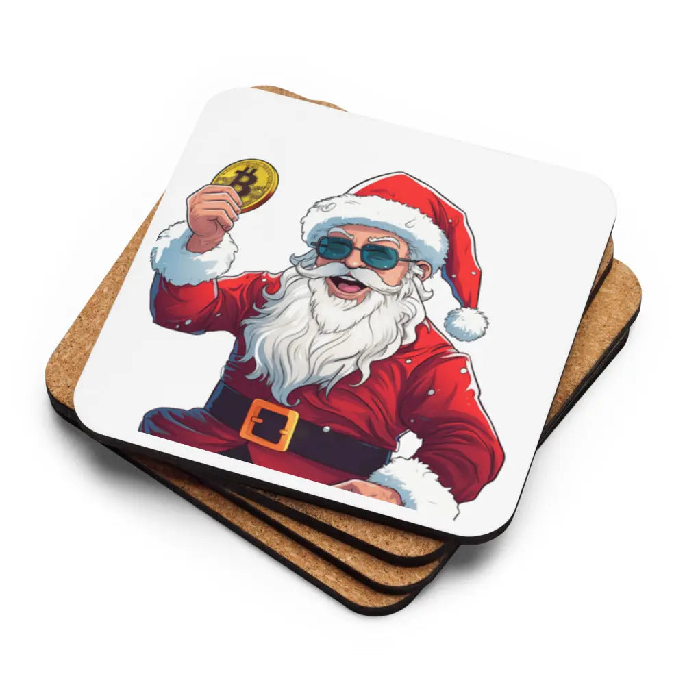 Happy Santa Bitcoin coaster stacked with cork backing