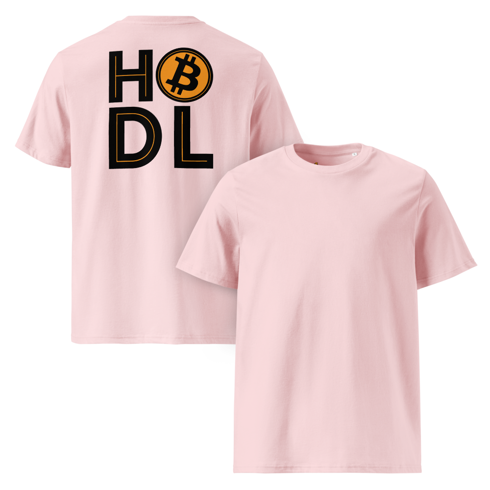 HODL Bitcoin T-Shirt front and back view with HODL slogan print - pink