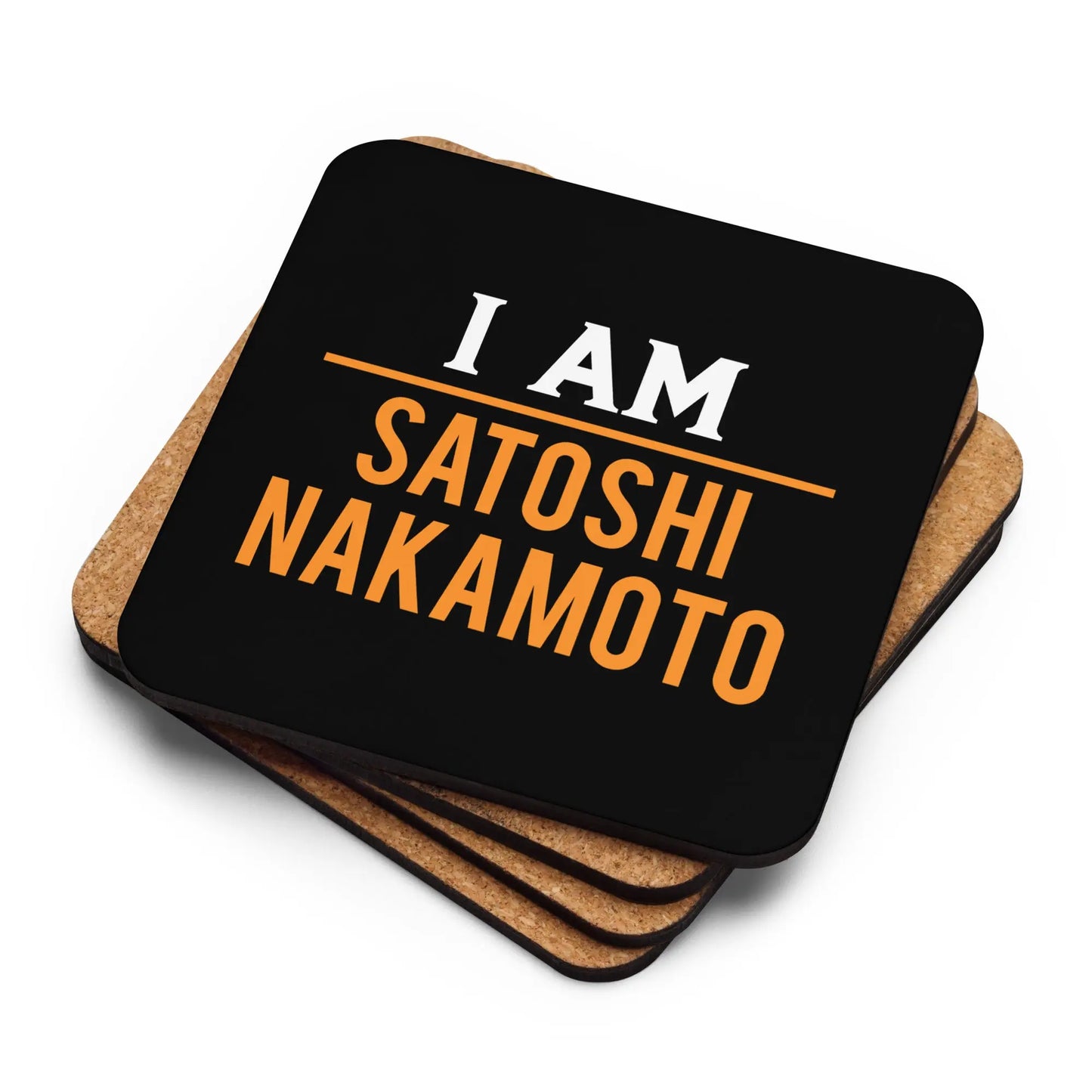 Stack of I Am Satoshi Nakamoto Bitcoin coasters showing cork backing