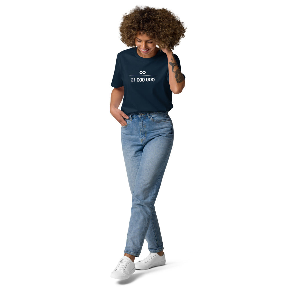 bitcoin t-shirt - infinity - worn on female model - blue