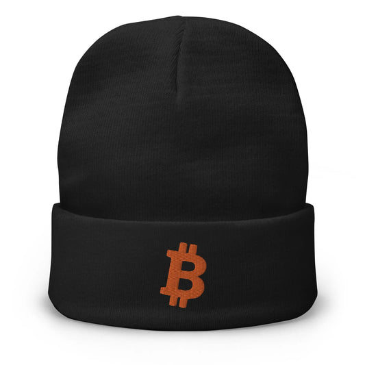 Orange Angled Bitcoin Embroidered Beanie Black