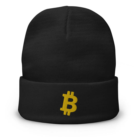 Gold Angled Bitcoin Embroidered Beanie Black