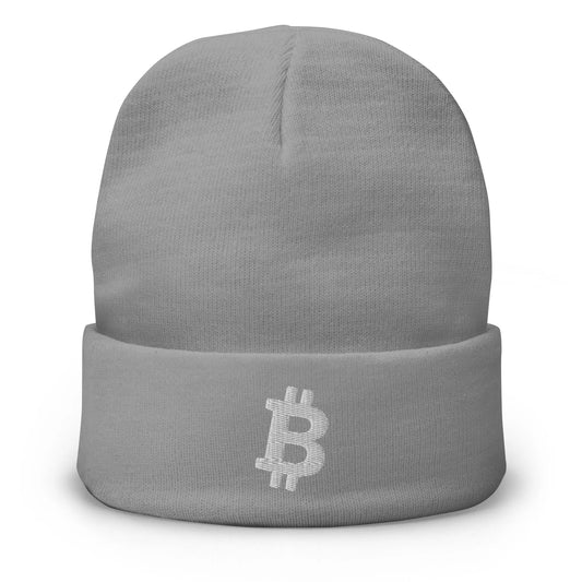 White Angled Bitcoin Embroidered Beanie Grey