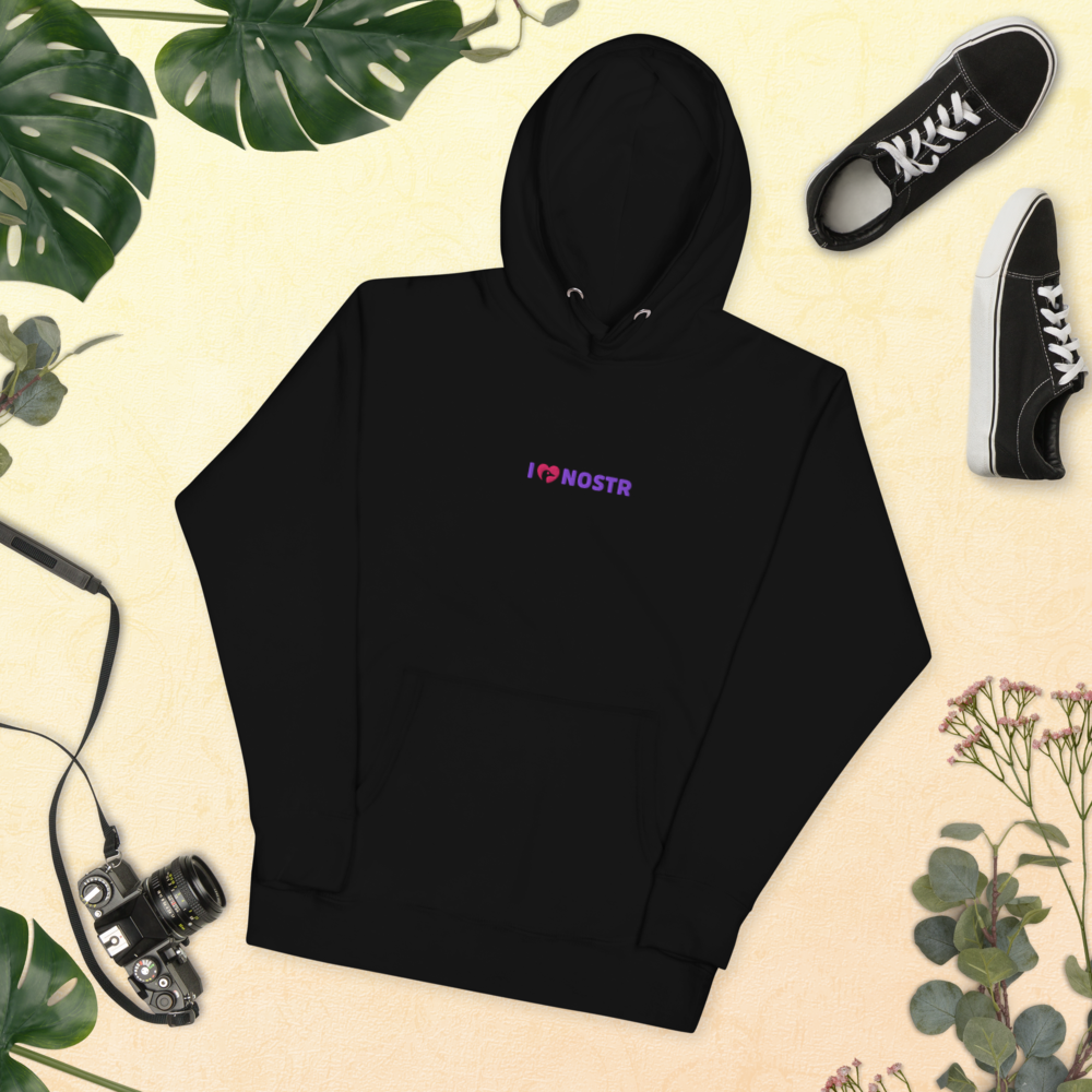 nostr hoodie - i love nostr - flat lay - black