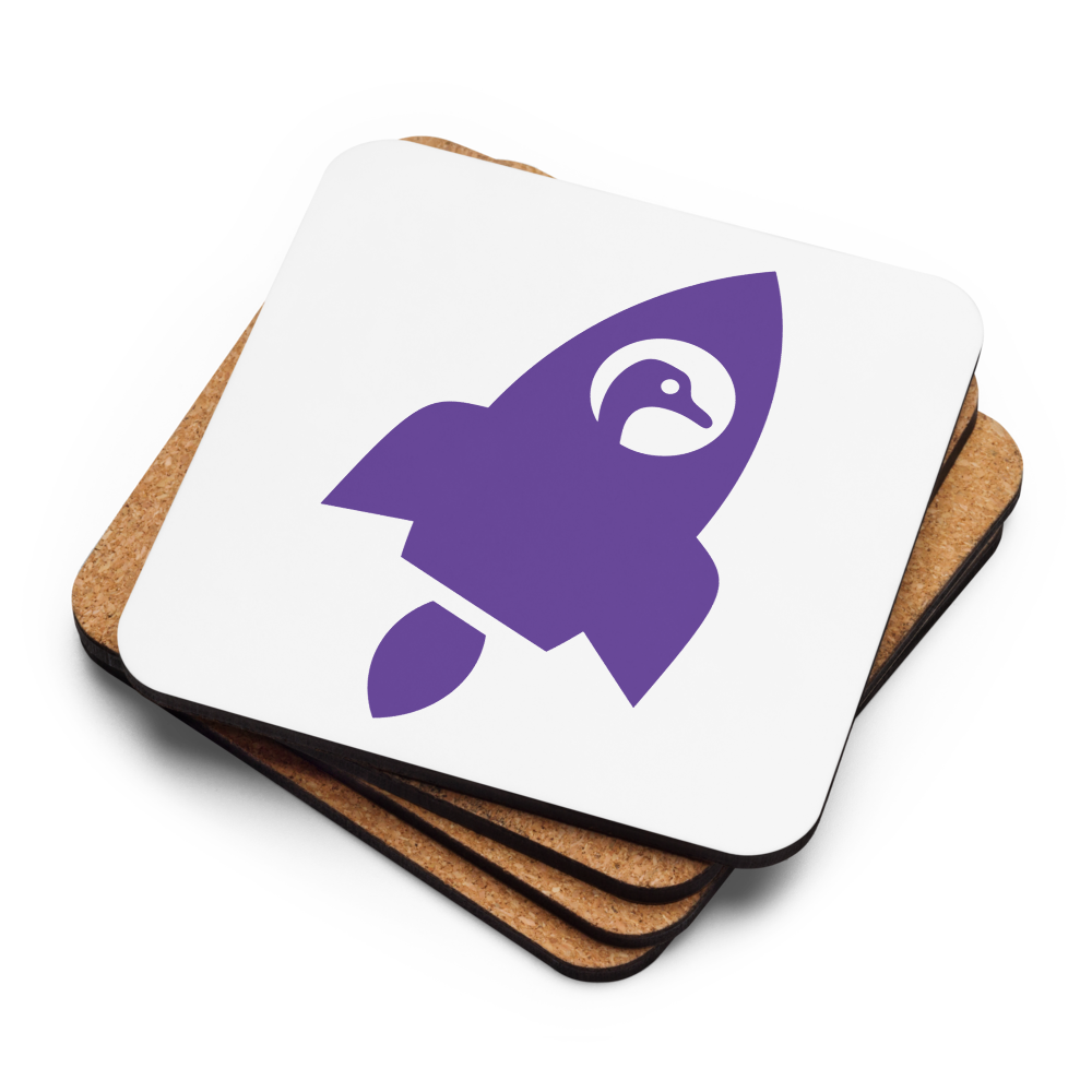 Nostr Rocket Nostr coaster by BitPopArt – stacked with cork back