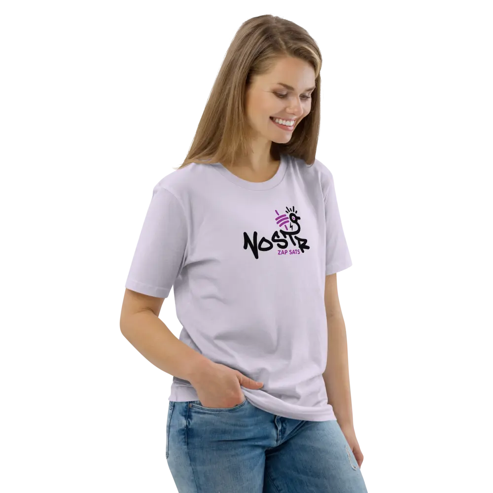 T-Shirt – Nostr Zap Sats — worn on model - lavender purple