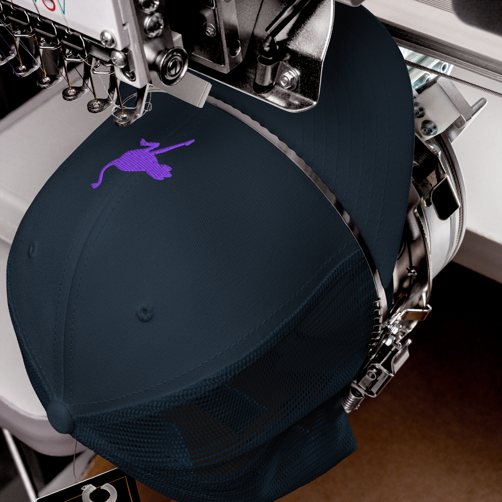 minimal nostr trucker hat front embroidery detail