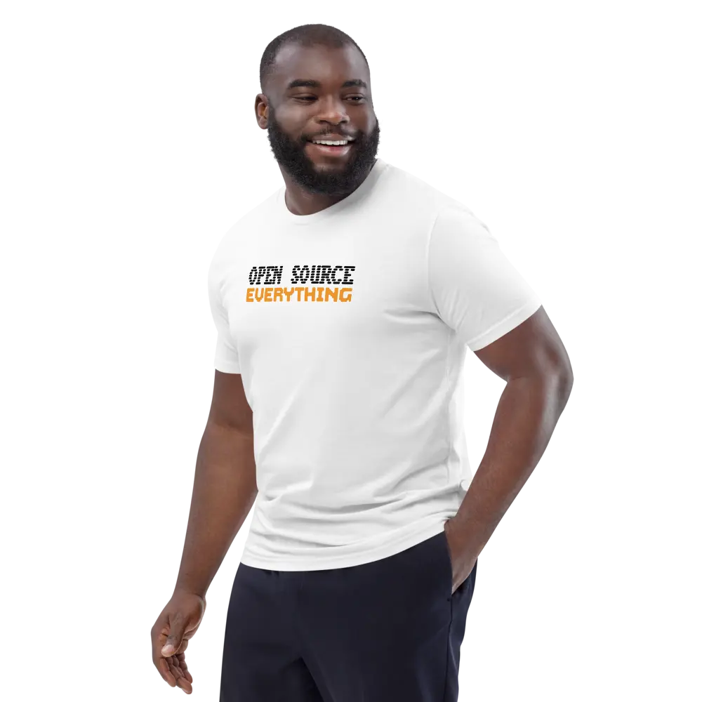 Bitcoin T-Shirt – Open Source Everything - worn on model - white shirt